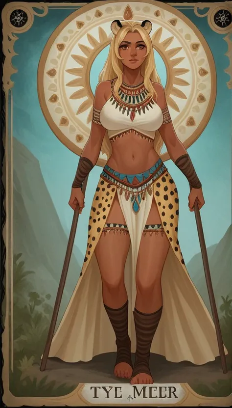 score_9, score_8_up, score_7_up, score_6_up, score_5_up, score_4_up, 
female, (cheetah:1.2), animal ears, holding spear in hand, holding shield in her other hand, long hair, dark_skin, dark_skinned_female, blonde hair, brown eyes, eyelashes, frills, tribal...