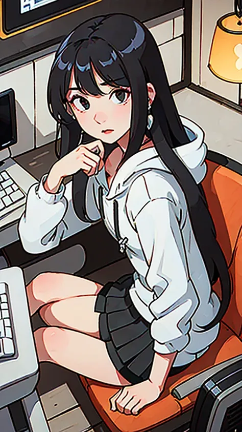 hoodie and skirt, earring, sitting, gaming pc, black hair, long hair,