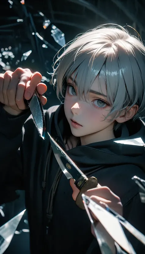 (8K, RAW photos, best quality, masterpiece: 1.4), (((The boy stands in absolute darkness)))，Ultra-high resolution, Extremely detailed,Upper body close-up, handsome boy, black eyes, (delicate eyes, Eyes are bright:1.2), Gray short hair, Fair skin,dark, Grey...