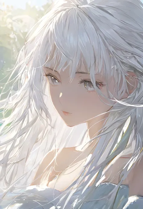 masterpiece , morning , close up , beauty , white hair