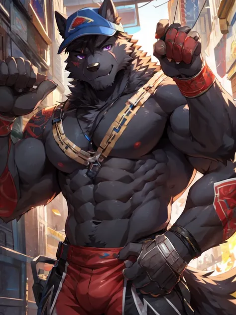 embedding:Black wolf，male, Purple eyes,Scar on the face, Single Person,black fur.The chest and abdomen are white fur.A film actor,Daily life,Wearing a cap,Tattoo,Adult male,strong,Handsome,Confident,Young,Muscular,Tall,Best quality hands, best quality eye，...