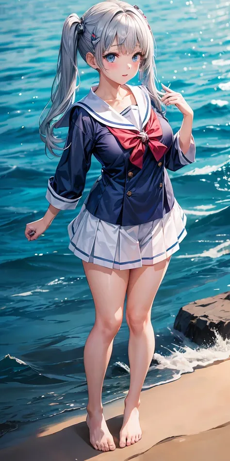 Marine Kitagawa.webp masterpiece:1.2, high quality, 最high quality, clear null, null, Ocean, barefoot, Plump and firm legs、Glare, blue eyes, Gray Hair, Blue inner hair, Twin tails, Hair Clip, hairpin, Lean back, good, Shoot from above, 1 Girl, digest, Full ...