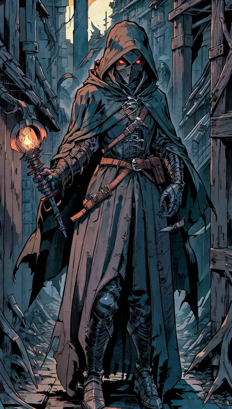 a close up of a person in a hooded jacket holding a torch, plague doctor, the plague doctor, corvo attano, dark hooded wraith, dark cloaked necromancer, dark fantasy character design, portrait of a bloodborne hunter, anthropomorphic raven knight, steel inq...