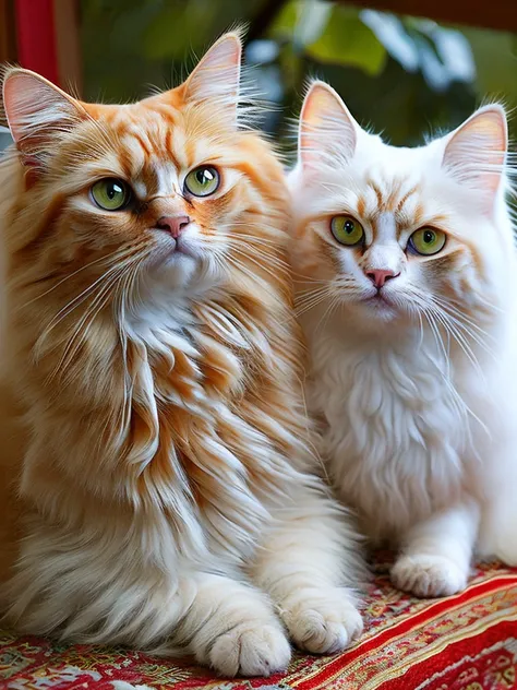 two persian cats, orange in color, with thick and long hair, wearing clothes that say queency and cherry