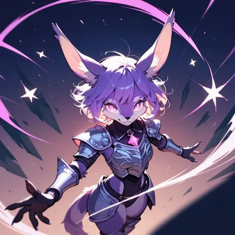 Jackalope woman, armor, purple black and fuchsia, glowing, short hair, furry, stars above (score_9,score_8_up,score_7_up,score_6_up,score_5_up,score_4_up)
