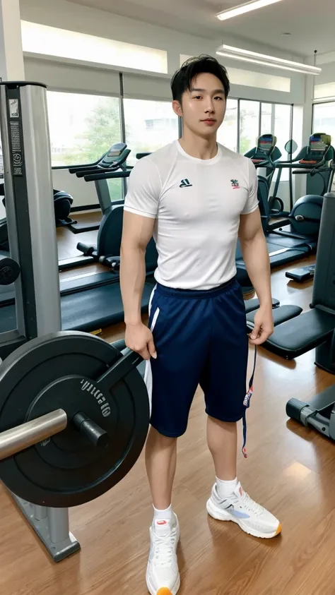 Korean man, Inspiration from Peng Yuyan, 30 years old, 236 years old, Cute Korean Face, 35 yo, 33 year old Korean muscular man，The gym is in the back.