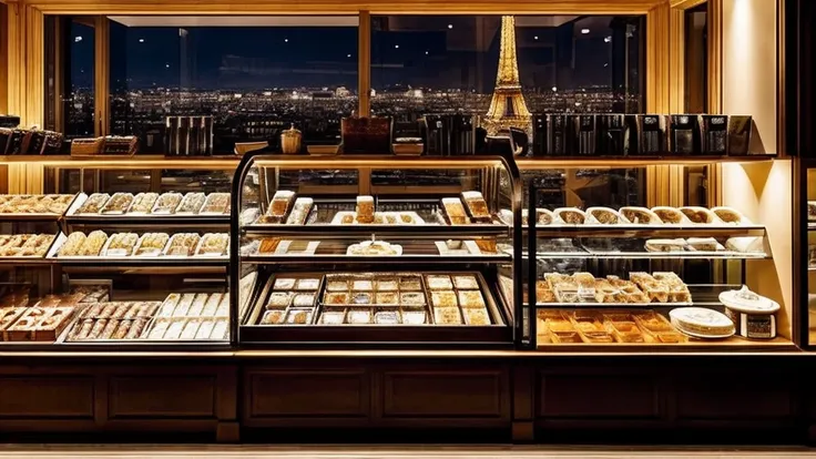 a cozy night time at a parisian coffe shop interior with cozy lighting and sweets in the shelves. there are tables and coffee cu...