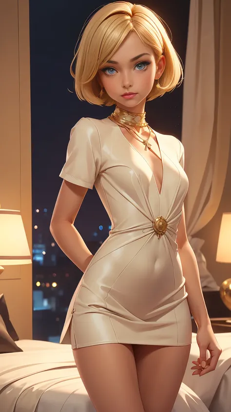 Beautiful 13y old young girl with short straight blonde hair with blue eyes wearing Tight And Short Dress, Sexy Criss Cross Mock Neck Short Sleeves Dress, luxurious jewelry and a luxurious necklace, standting in her fiiting room at night, (caucasian skin),...