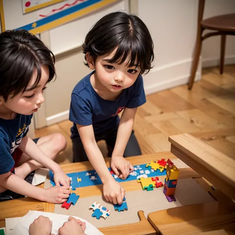 little boys putting together a puzzle in kindergarten 