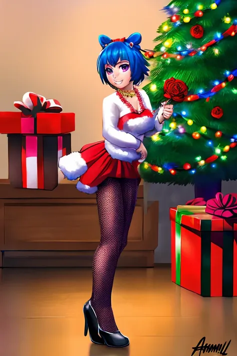 1 girl, bangs, blue hair, bow, box, bracelet, christmas, christmas tree, cowboy shooting, skirt, earrings, fishing net, flower, ...