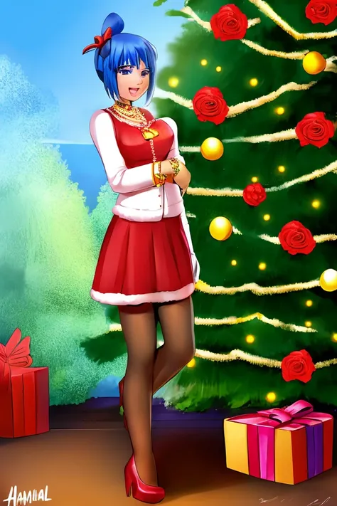 1 girl, bangs, blue hair, bow, box, bracelet, christmas, christmas tree, cowboy shooting, skirt, earrings, fishing net, flower, ...