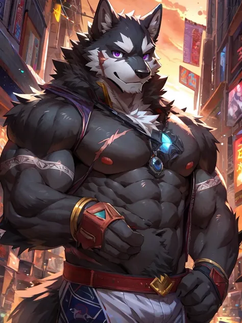 embedding:Black wolf，male, Purple eyes,Scar on the face, Single Person,black fur.The chest and abdomen are white fur.A film actor,Daily wear,Daily life,Tattoo,Overbearing,Adult male,strong,Handsome,Confident,Young,Muscular,Tall,Best quality hands, best qua...