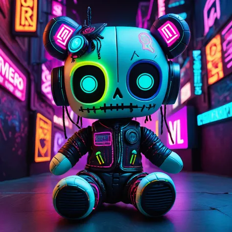 (knitted toy voodoo doll:1.5), (Voodoo Doll in a City of Digital Illusions:1.3), (Clothing: cyberpunk attire with digital patterns:1.0), (Accessories: enchanted VR headset emitting neon light, floating digital code:1.1), (background: futuristic city with h...