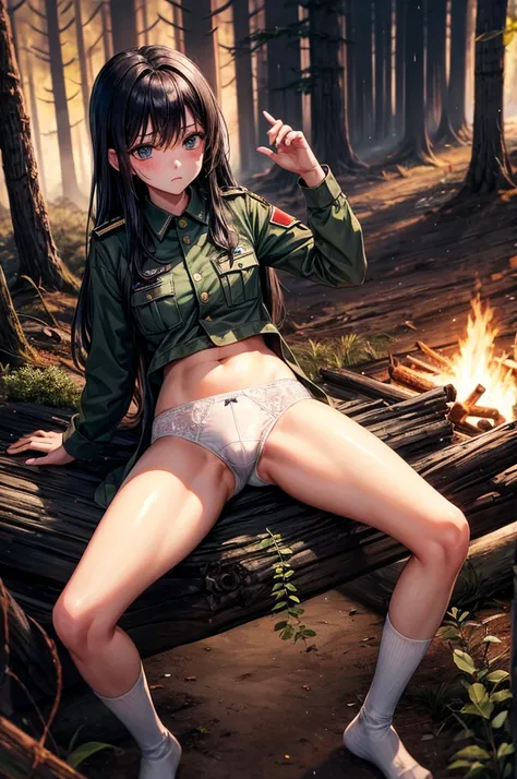 Best image quality, forest, Bonfire, midnight, uniform, army, ""White underwear"", Sad expression, stand, Spread your legs, Rainfall, Black Hair, ""woman"",