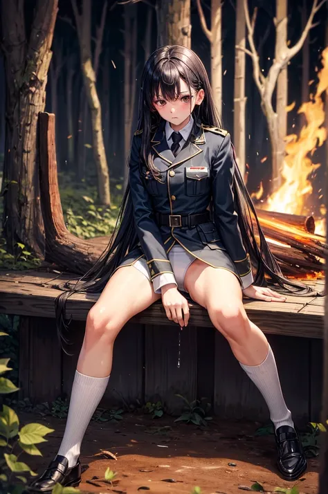 Best image quality, forest, Bonfire, midnight, uniform, army, ""White underwear"", Sad expression, stand, Spread your legs, Rainfall, Black Hair, ""woman"",