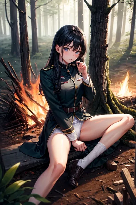 Best image quality, forest, Bonfire, midnight, uniform, army, ""White underwear"", Sad expression, stand, Spread your legs, Rainfall, Black Hair, ""woman"",