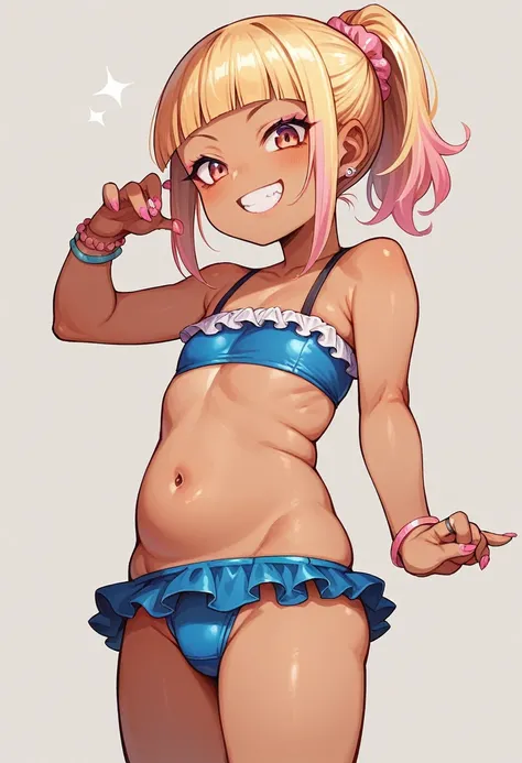 ((young girl ,short stature,gyaru)) ,flat chest, hime cut ponytail.nsfw,plump.frilled one-piece-swimsuit,,evil smiling,stand,cowboy shot