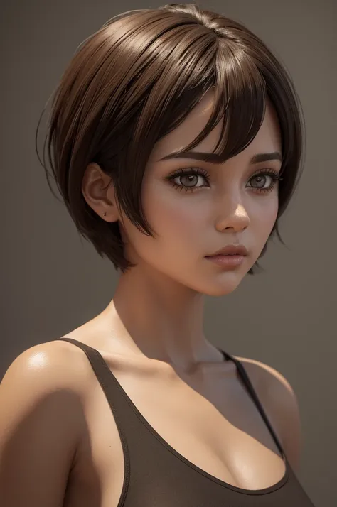 Create a 3d illustration of a short-haired female character, in brown color. Crie um blackground laranja com branco