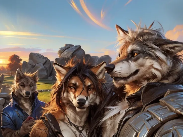 
(by darkgem:1.4), masterpiece, best details, realistic, illustration, (anthro), a selfie of an anthro male wolf and an anthro female fox in front of a stone circle at sunset