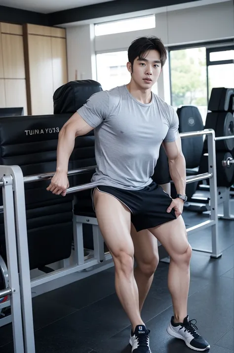 Korean man, Inspiration from Peng Yuyan, 30 years old, 236 years old, Cute Korean Face, 35 yo, 33 year old Korean muscular man，The gym is in the back.