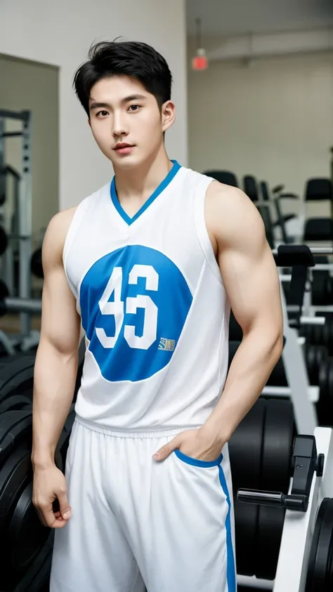 Korean man, Inspiration from Peng Yuyan, 30 years old, 236 years old, Cute Korean Face, 35 yo, 33 year old Korean muscular man，The gym is in the back.