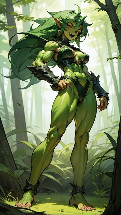 Green hair, Green skin, Pointed ears,，Fangs， female orc，muscle，muscle，Bare waist，animal skin top，cleavage，animal skin briefs，Bare Legs，barefoot，Standing，forest