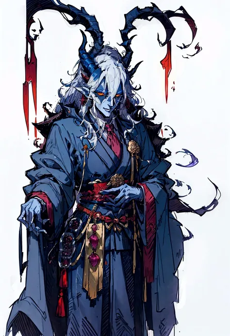 a drawing of a goat dressed in a suit and tie, clothed in ancient suit, beautiful male god of death, concept art of a monk, taoist priest, onmyoji detailed art, onmyoji portrait, portrait of the god of death, karthus from league of legends, ainz ooal gown,...