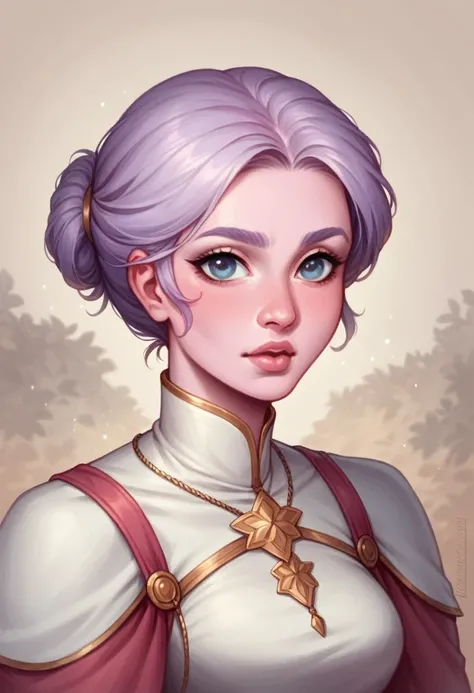 A 16-year-old female human with an ectomorph build, peach-pink skin, and long, lavender hair styled simply. Her oval face is serene and delicate, with almond eyes that are full of wonder. Full lips and a small, straight nose give her a gentle, ethereal app...