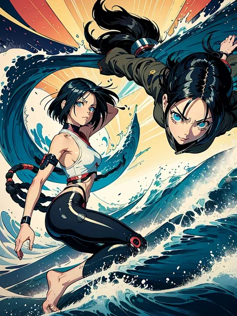 Cyborg battle angel alita  inside the big wave in the style of katsushika hokusai