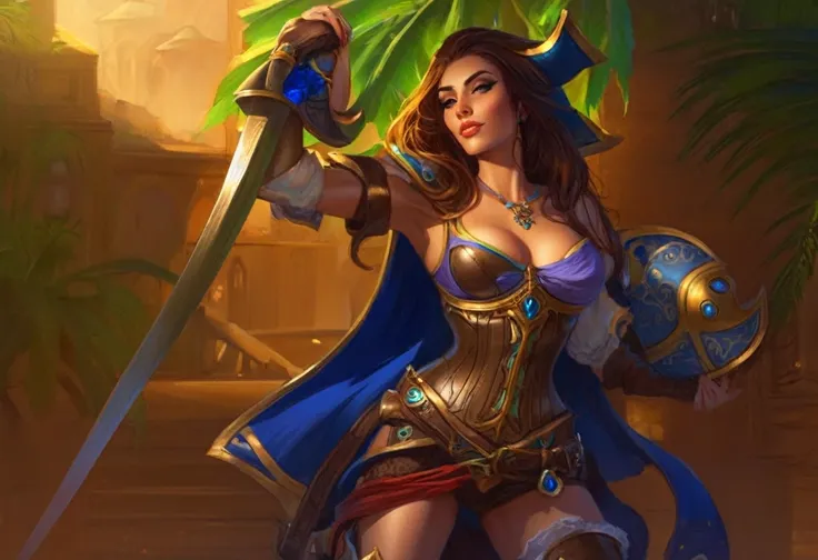 Beautiful woman, pirate woman, (tanned skin), tanned, green eyes, medium-long brown hair, scar on her left eye, perfect woman, slim body, perfect hourglass body, nice hips, nice , (goddess armor), (armor), blue divine background