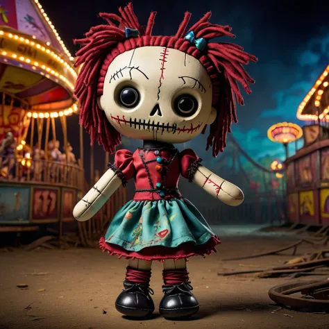 (knitted toy voodoo doll:1.5), (Voodoo Doll in an Abandoned Amusement Park:1.3), (Clothing: vintage attire with carnival patterns:1.0), (Accessories: enchanted ticket emitting nostalgic glow, floating broken rides:1.1), (background: desolate amusement park...