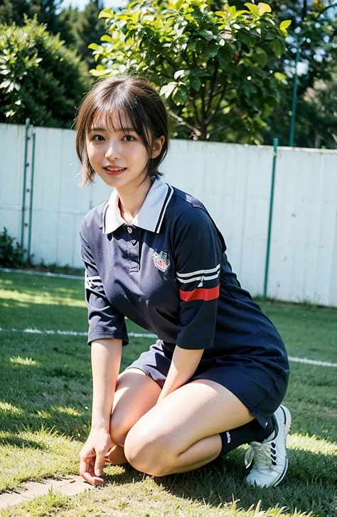 Holding a soccer ball in your hand、Photo at the soccer field、Blue Football Uniform、Japan National Football Team、Big breasts that can be seen even on top of the uniform、Braid only the front hair（（National Stadium））、Full body photo、smile、 Caustics、Highly det...