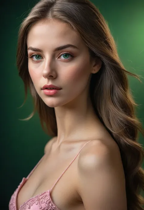 a beautiful girl, detailed realistic portrait, female face, long brown hair, green eyes, perfect skin, pink lips, realistic, photorealistic,4k, highest quality, best quality, masterpiece, detailed description, cinematic lighting, dramatic lighting, dramati...