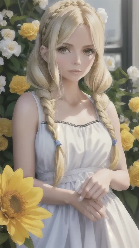 michelle pfeiffer, a close up of a woman with long blonde hair and flowers in her hair, a digital rendering inspired by Slava Raškaj, reddit, realism, her hair is white, pigtails hairstyle, film still of kim kardashian, with yellow flowers around it, long ...