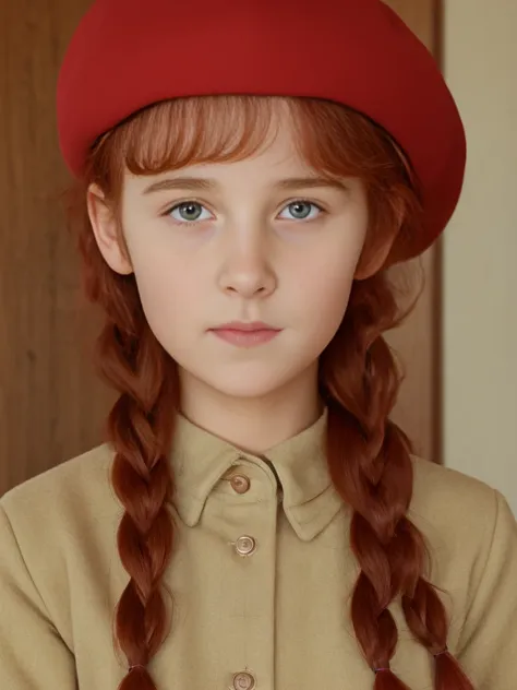 (best quality,4k,8k,highres,masterpiece:1.2),ultra-detailed,(realistic,photorealistic,photo-realistic:1.37), ((a girl in classroom, she wears uniform and beret, shy, braided red hair)), ((slim body, very large bust size for her young age))