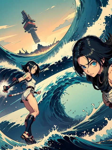 cyborg battle angel alita, small, far, in a view of the fujiyama with the big wave in the style of katsushika hokusai