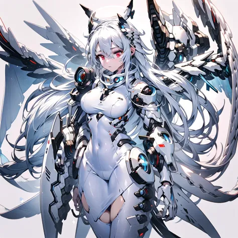 masterpiece, highest quality, highest resolution, clear_image, detailed details, White hair, long hair, cat ears, 1 girl, red eyes, white pantyhose, sci-fi dress, white scarf (white scarf around the neck with a light blue glow), gray futuristic halo (gray ...