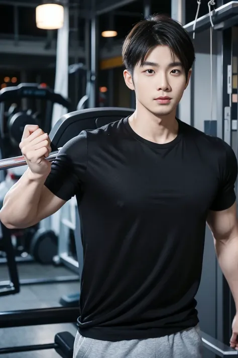 Korean man, Inspiration from Peng Yuyan, 30 years old, 236 years old, Cute Korean Face, 35 yo, 33 year old Korean muscular man，Gym in the background, black t-shirt