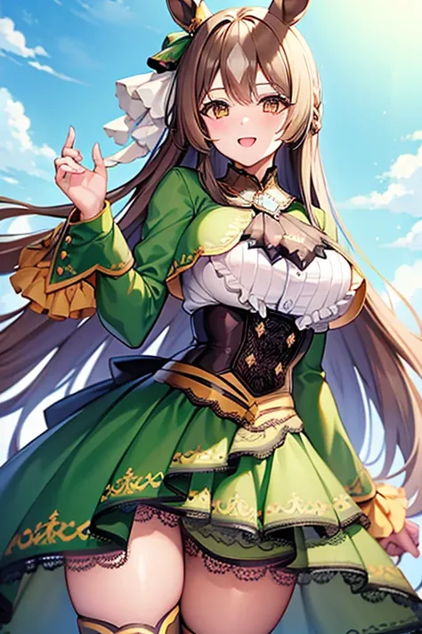 (masterpiece),(Highest quality:1.0), (Ultra-high resolution:1.0), Detailed illustrations, 8K, Pretty face, Big Breasts、Plump、Plump、noon、Frills, Black Ascot, Green Dress, (Sleeves are longer than the wrist:1.2), Black knee socks、whole body、grassland、Long Ha...