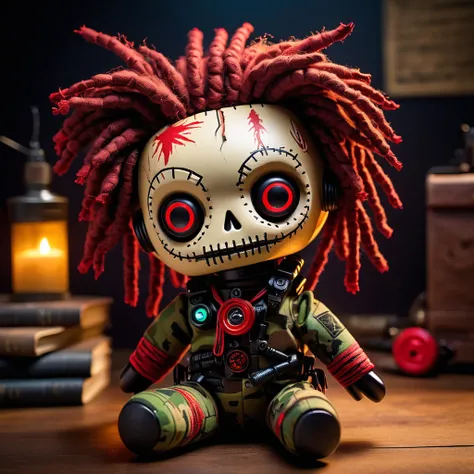 (knitted toy voodoo doll:1.5), (Voodoo Doll on a Secret Base:1.3), (Clothing: covert operative gear with camouflage patterns:1.0), (Accessories: enchanted gadget emitting red light, floating classified documents:1.1), (background: hidden base with high-tec...