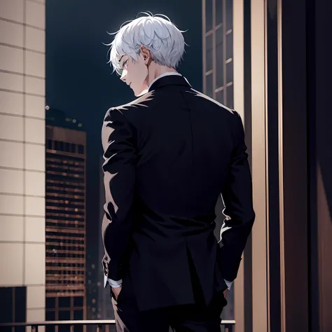 1 boy, white hair tie, dark purple eyes, Wearing an all black suit, top of building, high resolution, extra sharp, 8K, Masterpiece, Look at the audience from behind