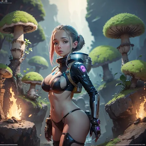 a cute woman, jet boots, jet pack, space adventurer bikini, laser pistol, future hairdo, exploring alien world, mushrooms, tiny goblin-like creatures, detailed face, realistic, cinematic lighting, vibrant colors, high resolution, 8k, photorealistic, detail...