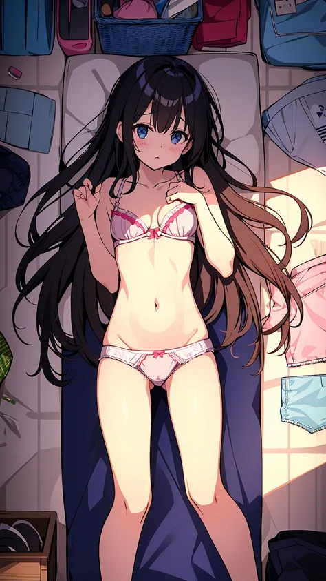 High resolution、4K quality、Highest quality、younger sister、Lolita、pantiesが床に落ちている、Surprised expression、白のコットンpanties、panties、used underwear、Crotch stain、Discarded underwear、panties単体、Laundry basket、strip、Underwear is scattered、Underwear is scattered、床一面たくさん...