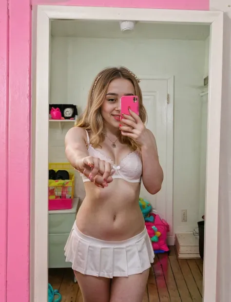 Sabrina Carpenter, smiling, white bra, pink skirt, selfie on mirror