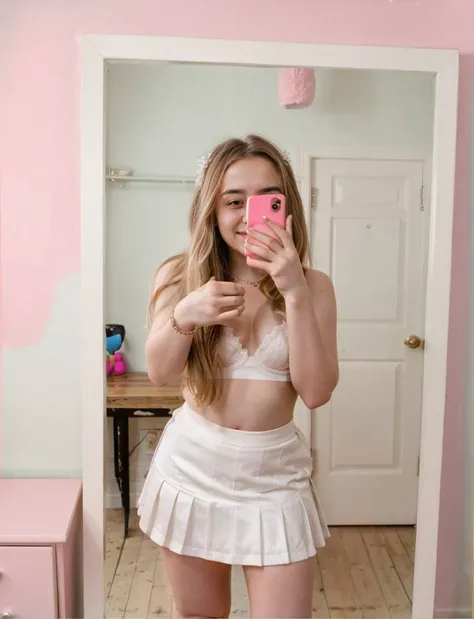 Sabrina Carpenter, smiling, white bra, pink skirt, selfie on mirror