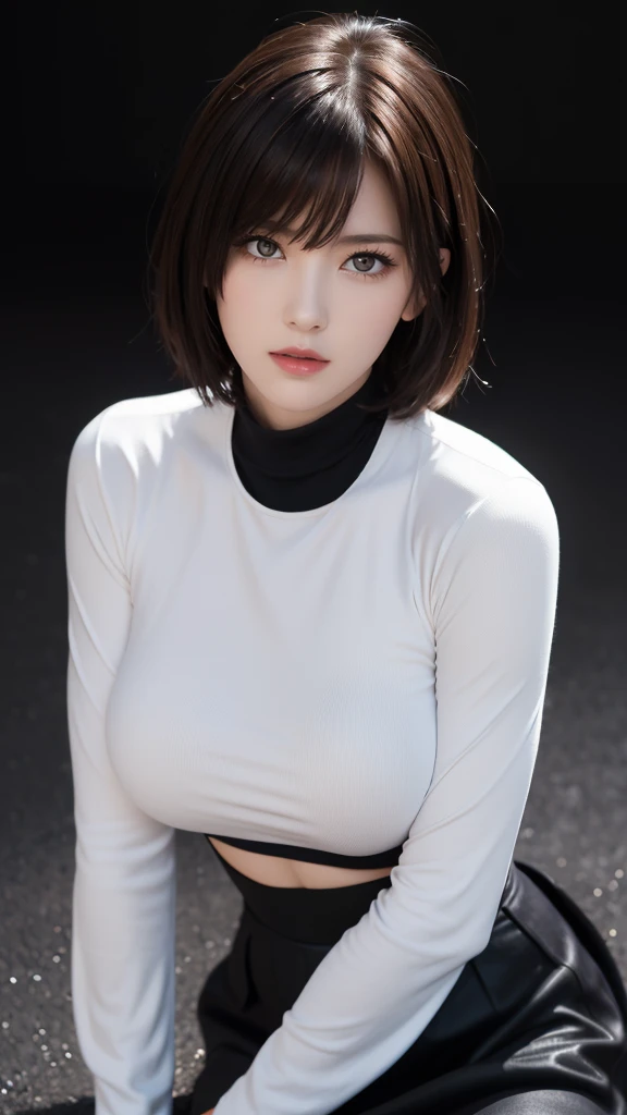 （（（完美shape，shape，alone， White and soft skin，（（（cyber punk，Red Turtleneck Shirt, Black Skirt, ））），（（（Junes,Brown Hair,Purple eyes,Medium Hair，））），((masterpiece)),High resolution, ((Best quality at best))，masterpiece，quality，Best quality，（（（ Graceful feature...