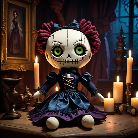 (knitted toy voodoo doll:1.5), (Voodoo Doll in a Haunted Mansion:1.3), (Clothing: Victorian attire with ghostly patterns:1.0), (Accessories: enchanted candelabra emitting eerie light, floating spectral apparitions:1.1), (background: grand haunted mansion w...