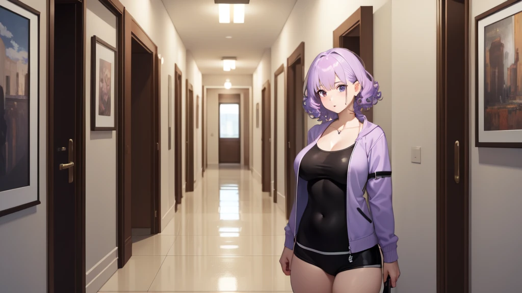 (masterpiece,Highest quality),1 ,whole body,lure,(Light purple hair),Short Hair,Large Breasts,Curly Hair, ((黒のwhole bodyタイツ)),Open jacket,Swimwear,Hallway of the apartment,