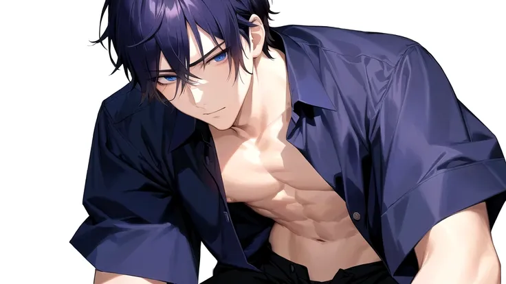 a close up of a person with a shirt on and a shirt on, handsome anime pose, anime handsome man, handsome japanese demon boy, sui ishida art manga, muscular!!, tall anime guy with blue eyes, man, boy, sex, He is feeling flushed, ikemen, missionary position ...