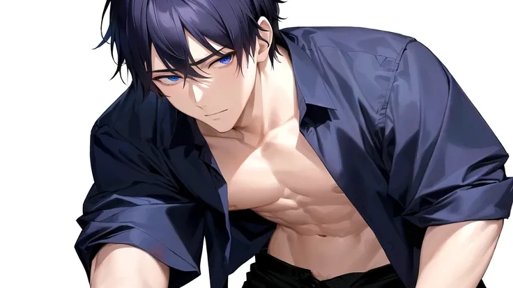 a close up of a person with a shirt on and a shirt on, handsome anime pose, anime handsome man, handsome japanese demon boy, sui ishida art manga, muscular!!, tall anime guy with blue eyes, man, boy, sex, He is feeling flushed, ikemen, missionary position ...